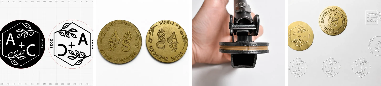 Artwork, matched POM dies, handheld embosser installation and finished embossing results
