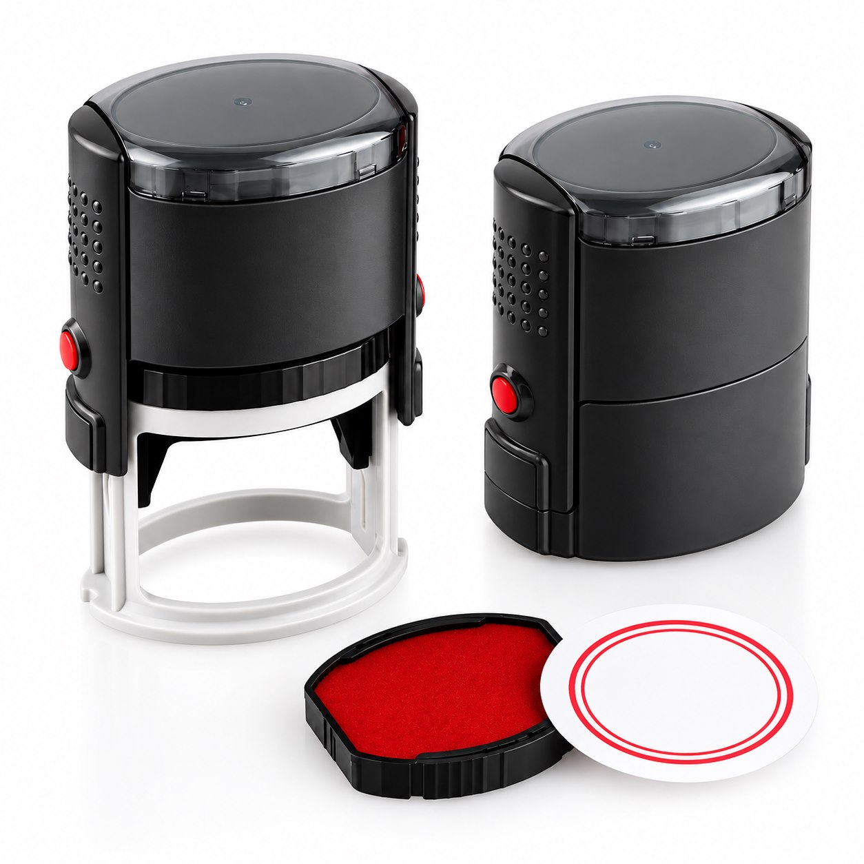 Self-inking stamp shell shown with a removable ink pad