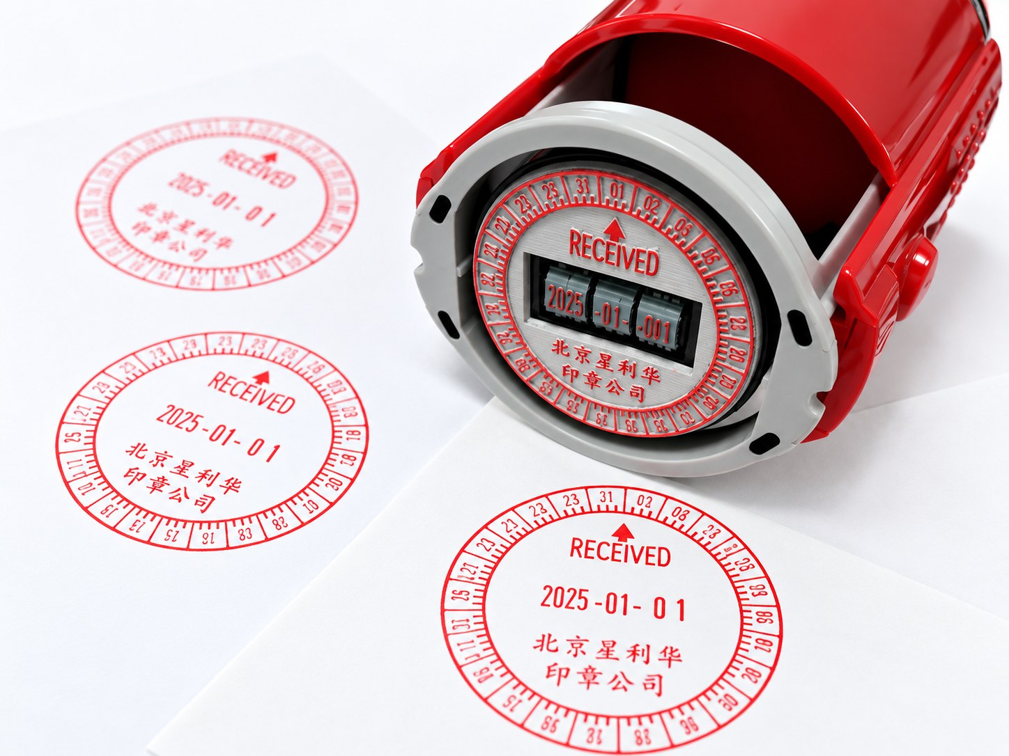 Self-inking date stamp sample with finished red impressions