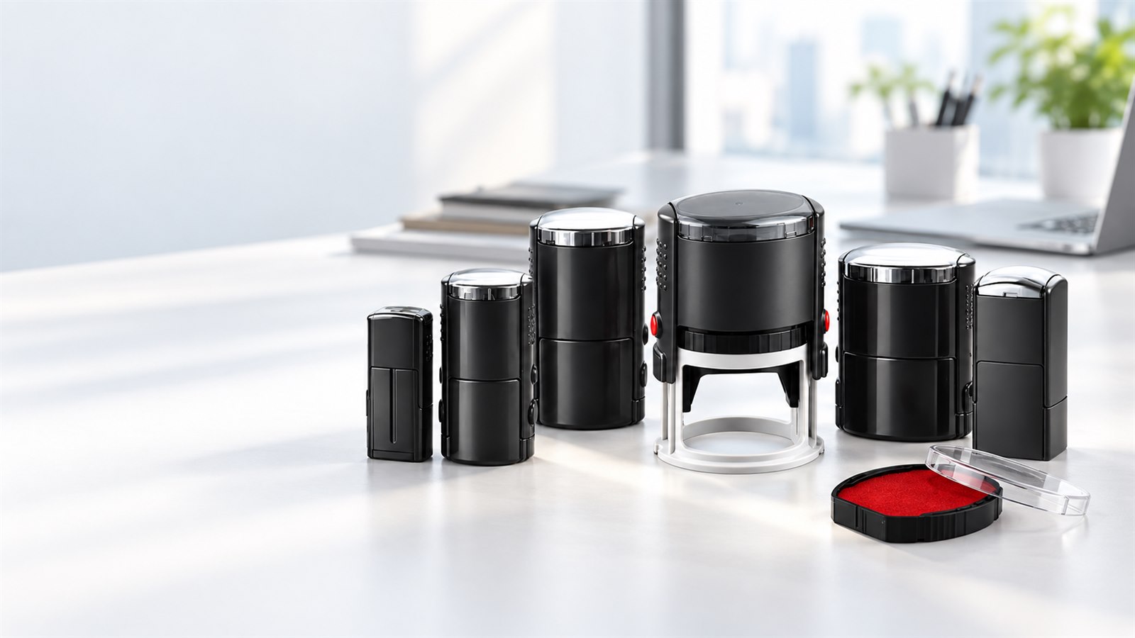Self-inking stamp shells and materials for custom stamp production